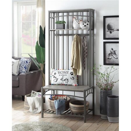 4D Concepts 4D Concepts 159913 72 in. Slatted Metal Frame Boltzero Entry Hall Bench with Slatted Bottom Shelf & 4 Stationary Hooks - Washed Walnut & Grey Metal 159913